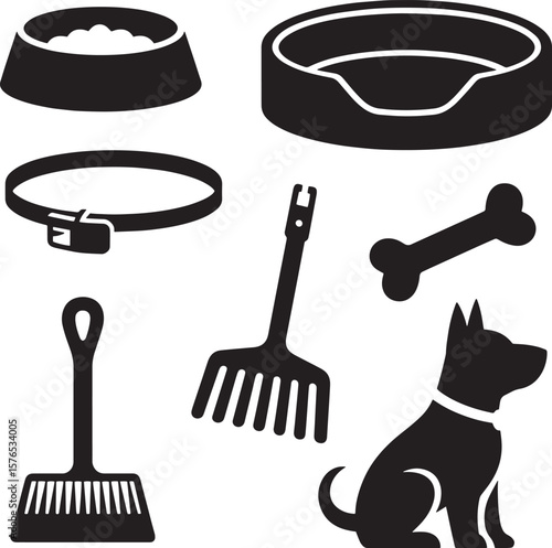 Dog accessories food bowl bed collar bone rake dustpan sitting dog vector