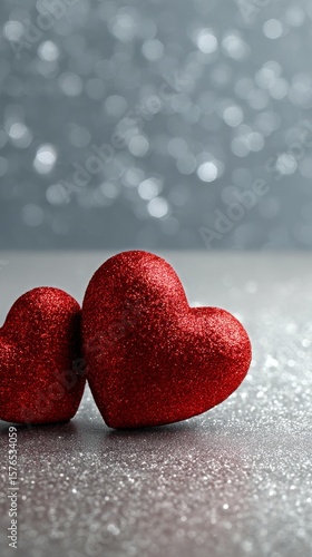 Red Glitter Hearts Shimmering Against a Soft Silver Background During Winter ...