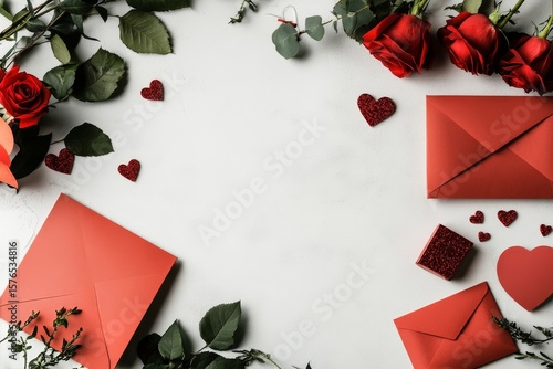 Romantic Red Roses and Envelopes for a Special Occasion on a White Surface