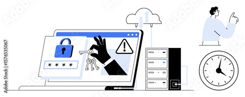 A hand holds keys near a laptop with lock and password, warning alert symbol, servers, cloud, and clock. Ideal for cybersecurity, ransomware prevention, data protection, time management risk IT