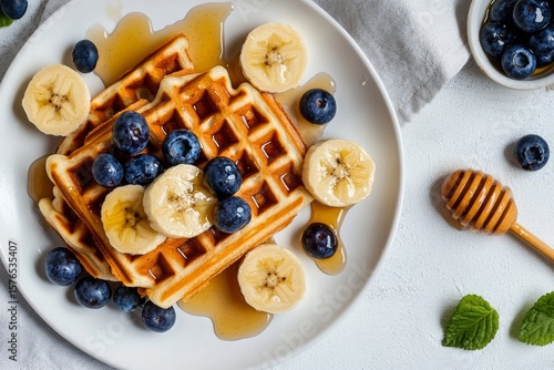 Delicious Breakfast Featuring Waffles Topped With Bananas, Blueberries, and H...