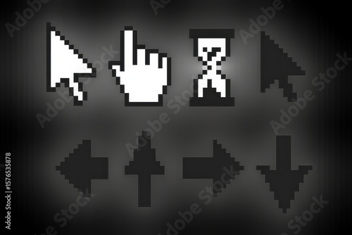 A comprehensive collection of retro 8-bit pixel art cursor icons, including hand pointers and arrows, perfect for vintage computing and web design themes.