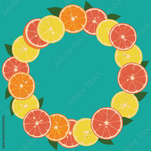 illustration of round frame of lemon, orange, grapefruit slices and leaves on green color