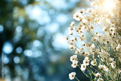 Bright Flowers Bloom Under Warm Sunlight in a Serene Natural Setting at Dawn