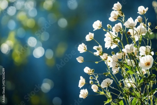 Blossoming White Flowers Illuminated by Sunlight in a Serene Natural Setting