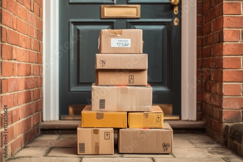 A stack of delivery packages placed in front of a house door.
