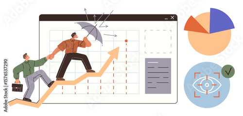 Two individuals climbing an upward arrow, one shielding with an umbrella, in front of analytics charts. Ideal for business strategy, risk management, leadership, teamwork, progress, planning simple
