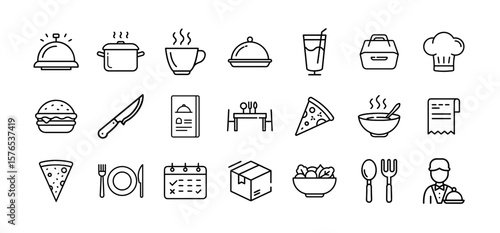 Restaurant and food service icon set. Vector line pictograms of menu, chef, plate, cutlery, meal, reservation, delivery, fast food, drink, and kitchen tools illustration.