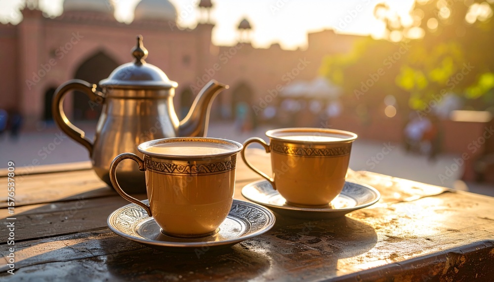 Fototapeta premium Pakistani Doodh Patti Chai in Steel Cup on Roadside Table