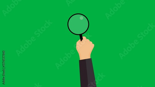 Flat hand with long sleeve holding magnifying glass animation moving in from bottom and searching randomly on green screen. 4K animated for motion graphics, search, investigation, and video editing.