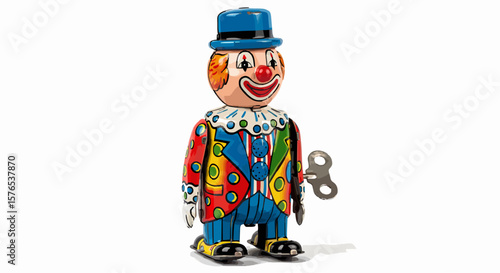 ,"A vintage tin wind-up clown toy with a blue hat, colorful suit, and red nose. Isolated on a clean white background."generative ai