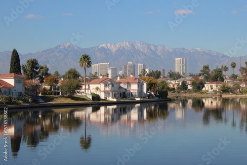 Vibrant Cityscape: Daytime View of Downtown Ontario, CA with Scenic Lake Ontario Backdrop