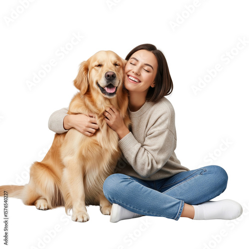 Happy Woman Hugging Golden Retriever on Isolated transparent background png. generated with AI