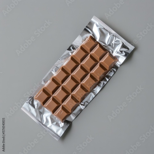 A bar of milk chocolate lying on a silver wrapper isolated on a grey background. Chocolate ad