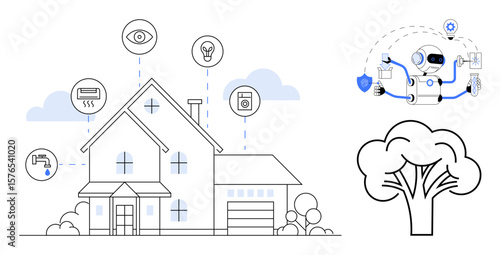 Modern house displaying smart home features thumbs up AI robot, security, lighting control, heating systems, and IoT devices. Ideal for technology, AI, IoT, home automation energy efficiency