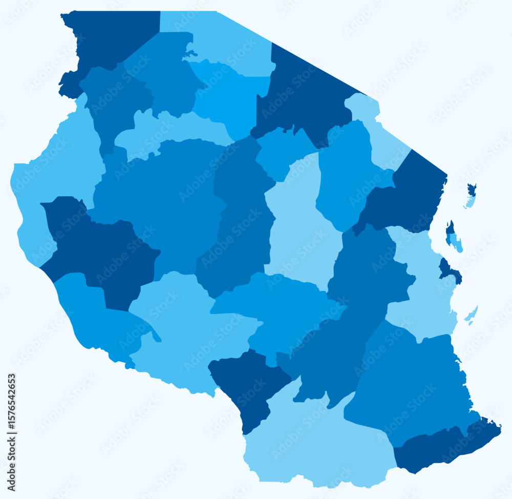 Fototapeta premium Map of Tanzania with regions. Just a simple country border map with region division. Light blue color palette. Flat United Republic of Tanzania shape with administrative division. Vector illustration.