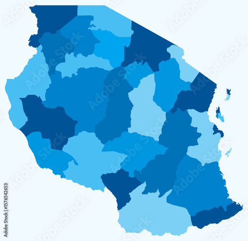 Map of Tanzania with regions. Just a simple country border map with region division. Light blue color palette. Flat United Republic of Tanzania shape with administrative division. Vector illustration.