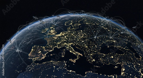 A view of Earth at night showing Europe with interconnected flight paths and city lights.