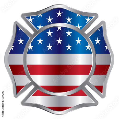 Maltese cross icon with the American flag isolated on white background. Emblem Honoring firefighters of America. Acknowledging first responders 