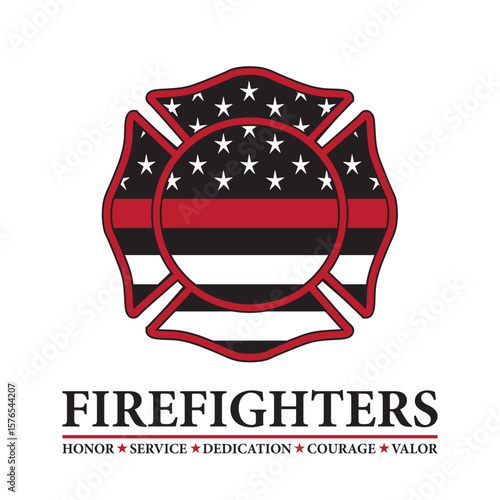 Fire department icon with black and white American flag and thin red line to support firefighters of America. Acknowledging first responders 