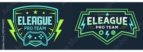 Futuristic E-League pro gamer team logos with glowing gamepad icons, lightning graphics, stars, neon edges, and cyber-inspired color scheme