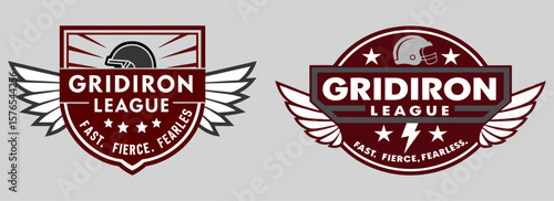 Gridiron football league badges with winged helmet icon, vintage typography, five-star layout, and motivational words fast, fierce, fearless