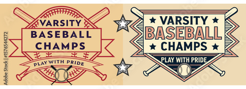Classic varsity baseball championship emblems with crossed bats, vintage stars, bold lettering, and motivational banner saying “Play with Pride”