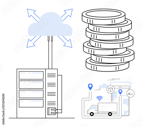 Cloud server synchronizing databases, coin stacks representing finance, logistics trucks with navigation icons. Ideal for technology, finance, logistics, cloud computing, data analytics