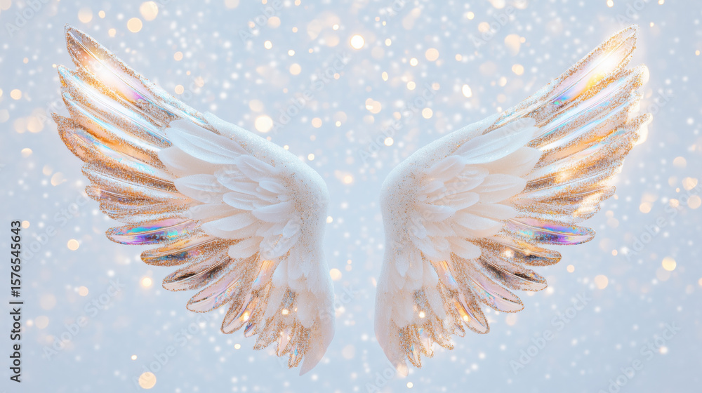 Fototapeta premium ethereal angel wings with glittering iridescent plumes floating