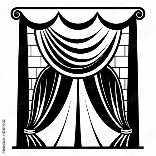 Elegant black and white illustration of a theatrical stage curtain with ornate draping and brick wall detail isolated on white background