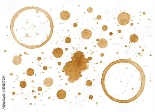 "Abstract background of coffee stains and rings on white, creating a natural and organic texture pattern."
