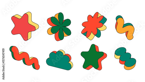 Colorful 3D abstract shapes in red and green tones