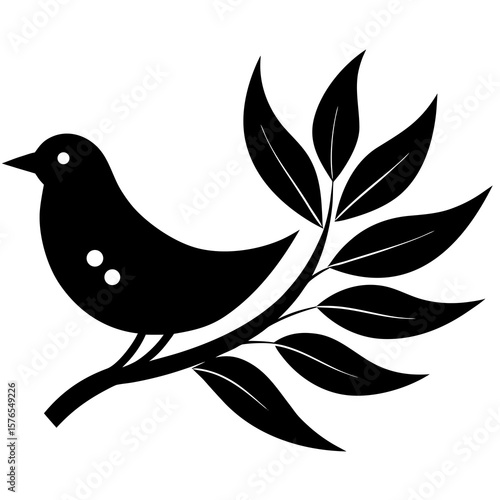 A single bird perched on a branch with leaves