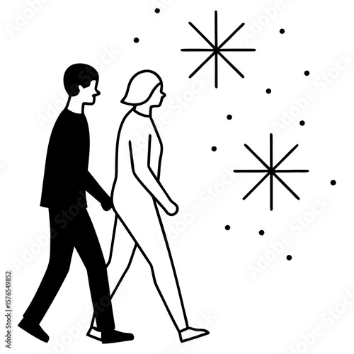 Couple walking together under a starry night sky