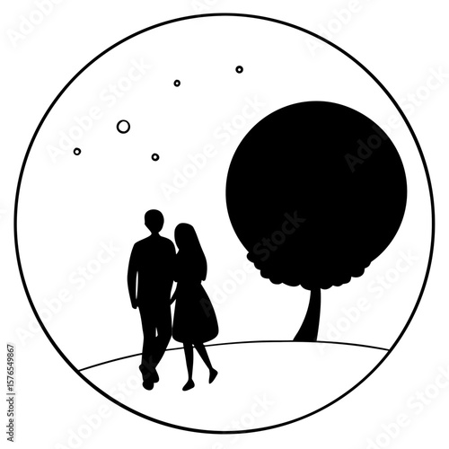 Couple walking under the stars next to a tree