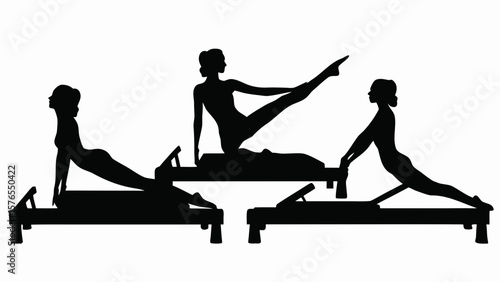 Three women doing pilates exercises on pilates reformer machines in silhouette against a white background created with generated ai