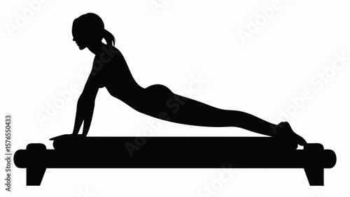 Silhouette of woman performing pilates exercise on reformer machine stretching her body upward fully extended created with generated ai