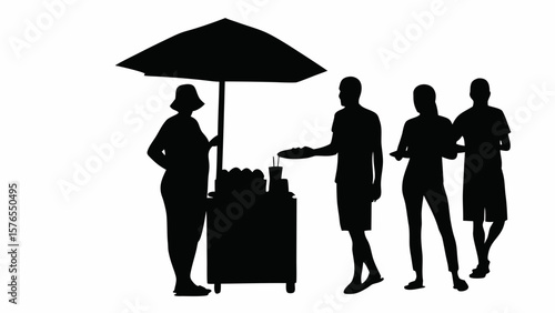 Silhouette of people at a street food vendor with an umbrella and a cart full of food and drinks created with generated ai