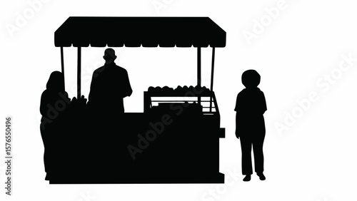 Silhouette of a vendor and two customers at an outdoor market stand selling produce and other goods created with generated ai