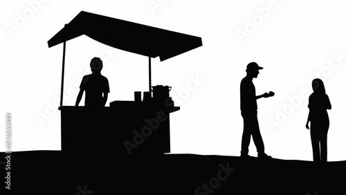 Silhouette of a vendor at a food stall with two customers in a monochrome outdoor scene depicted here created with generated ai
