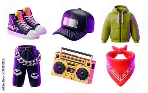 Stylized 3D urban hip-hop elements including sneakers, cap, hoodie, shorts, boombox, and bandana. Perfect for streetwear, music, youth culture, and retro design projects.