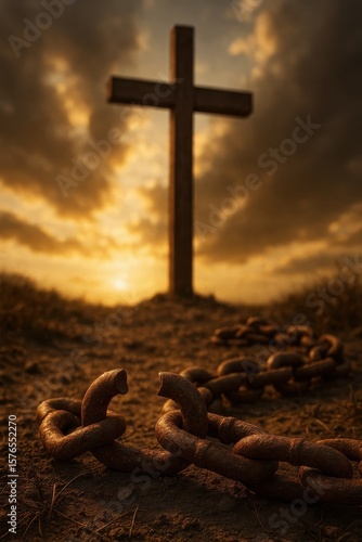 A Broken Chain Lying at the Foot of a Christian Cross, Symbolizing Freedom in Christ