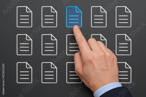 Data selection and file targeting concept with highlighted document icon and human hand
