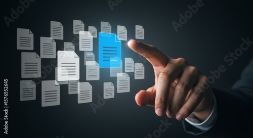 Data selection and file targeting concept with highlighted document icon and human hand