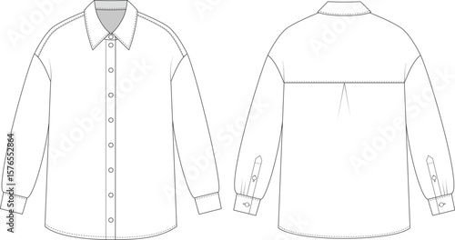 Editable technical flat of a loose long-sleeve button-up shirt with classic collar, back yoke with box pleat, and buttoned cuffs. Front, back view. For fashion design, tech packs, and production.