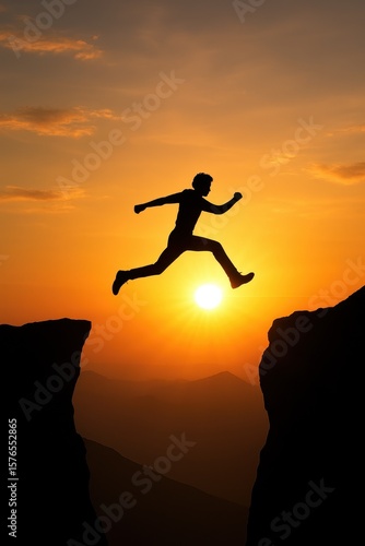 A Person Taking a Leap of Faith Between Two Mountain Peaks at Sunrise