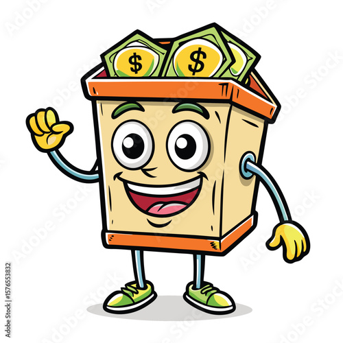 Cartoon box character with money overflowing