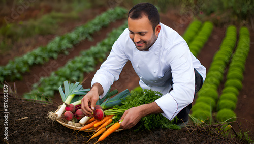 Chef gathering fresh produce from a garden image