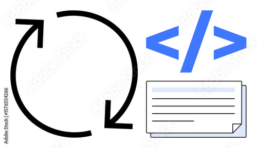Circular arrows, coding tags, and task card symbolizing iterative progress, programming, team collaboration. Ideal for workflow, software development, teamwork, task management code implementation