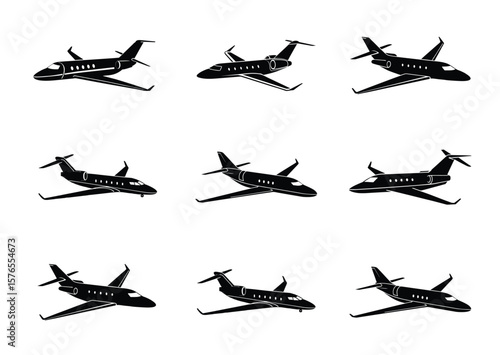 Private Jet silhouette Black Vector Set